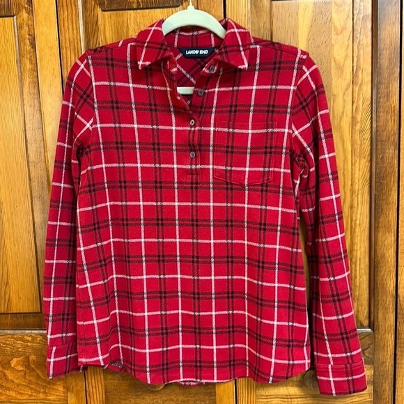 Lands End Plaid Cotton Blend 1/4 Button Down Long-sleeved Top Small (6-8) - Picture 4 of 12